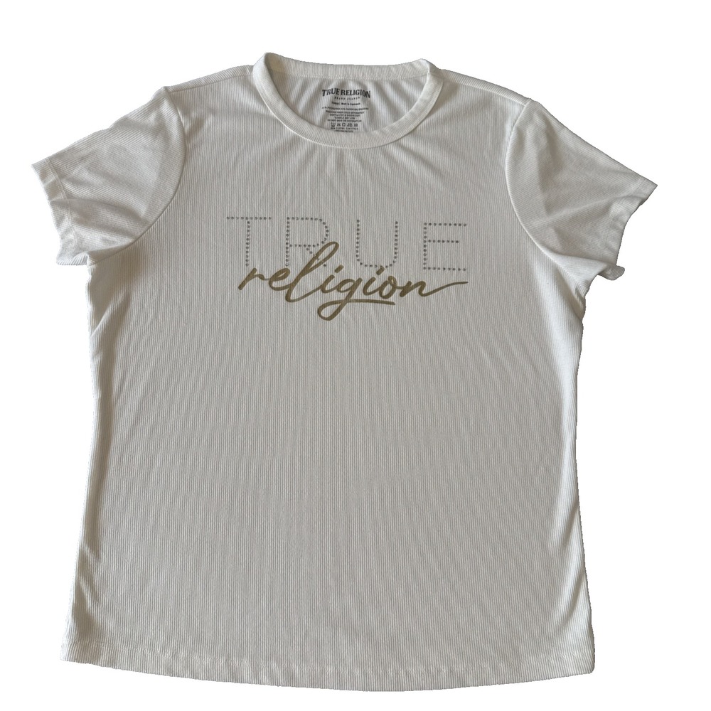 True Religion Rhinestone Gold Foil Logo Ribbed Short Sleeve TShirt Womens XL Y2K